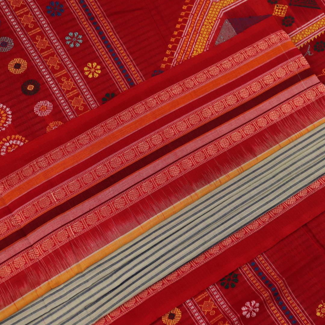 Full length view of a handloom grey and red striped Dolabedi cotton saree.