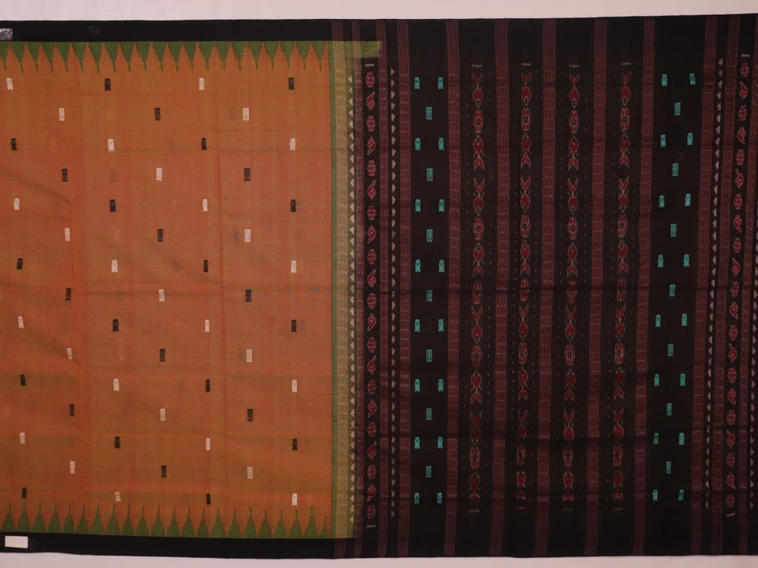 Full view of a multi-color and black Sambalpuri cotton saree with butta pattern.