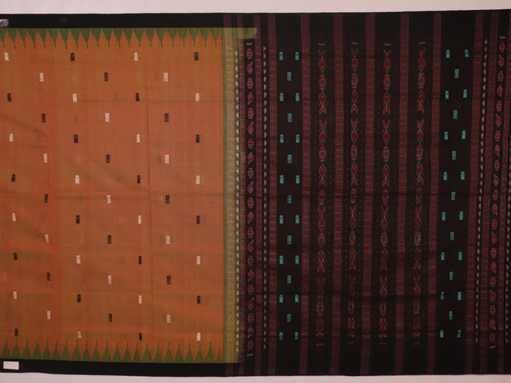 Full view of a multi-color and black Sambalpuri cotton saree with butta pattern.