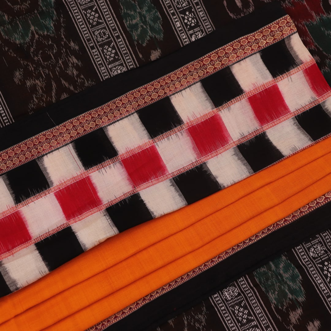 Full view of a yellow and black Sambalpuri cotton saree with butta pattern.