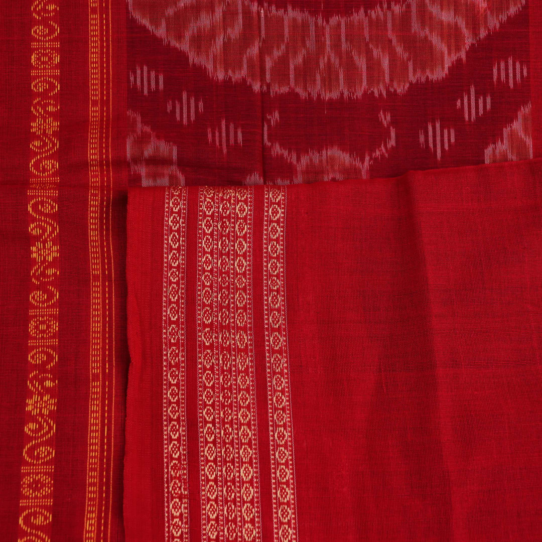 Full view of a blue and red Bomkai Cotton Saree with doll pattern.