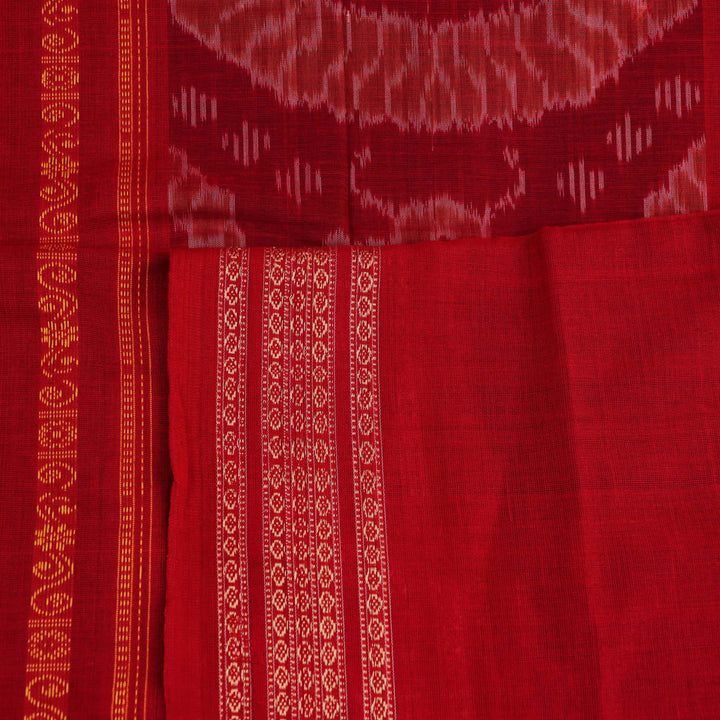 Full view of a blue and red Bomkai Cotton Saree with doll pattern.