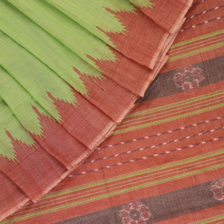 Full view of a plain green and brown Sambalpuri cotton saree.