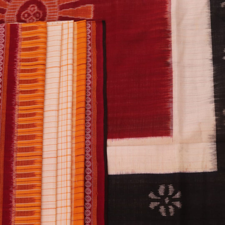 Full view of a striped Off-white and Maroon Sambalpuri Cotton Saree.
