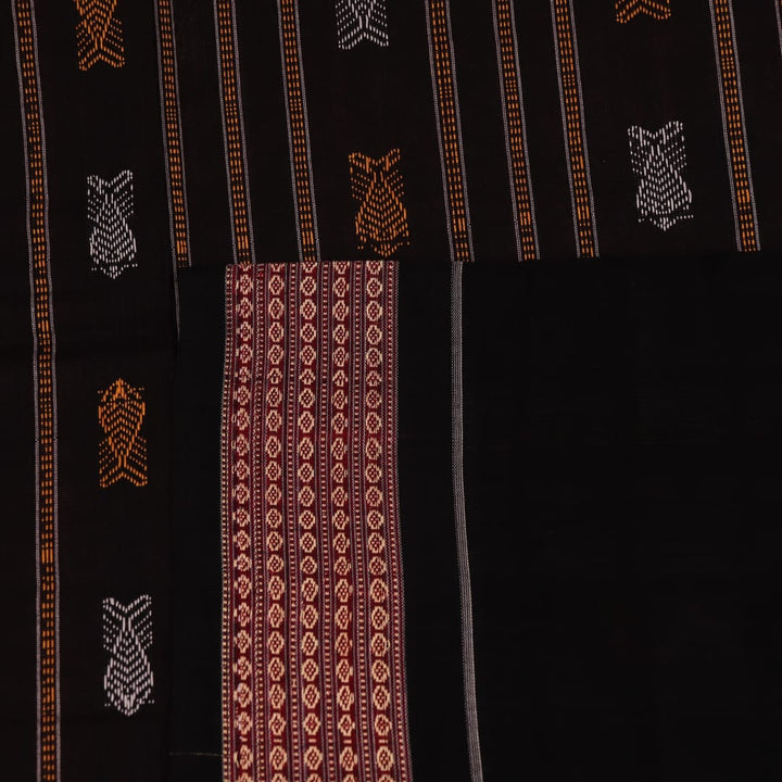 Full view of a pink and black Bomkai cotton saree with butta pattern.