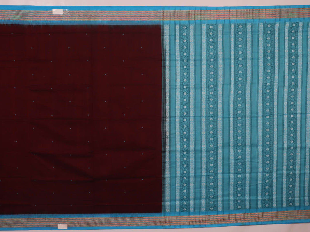 Full view of a maroon and blue Bomkai Cotton Saree with butta pattern.