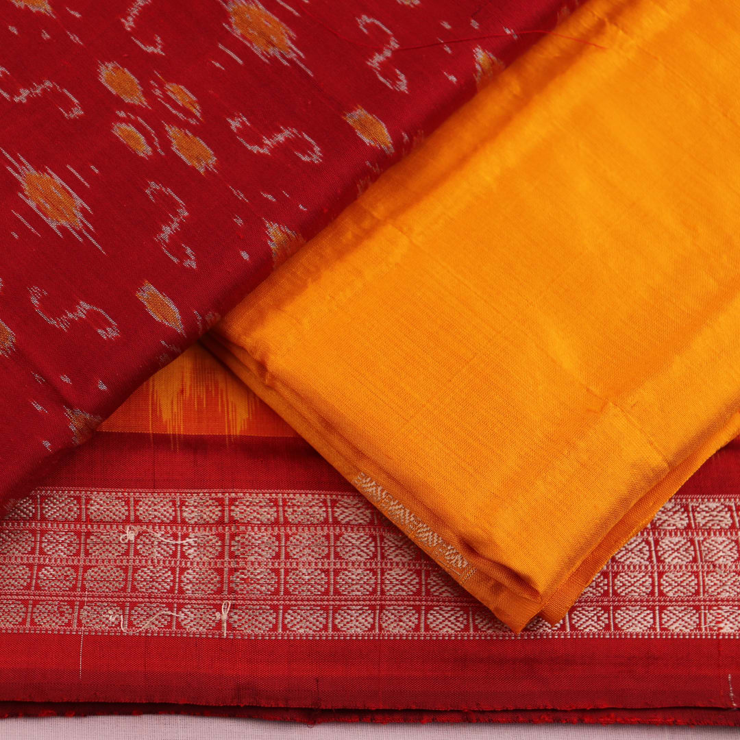 Maroon and Yellow Sambalpuri Silk Dress Material blouse piece with motifs.