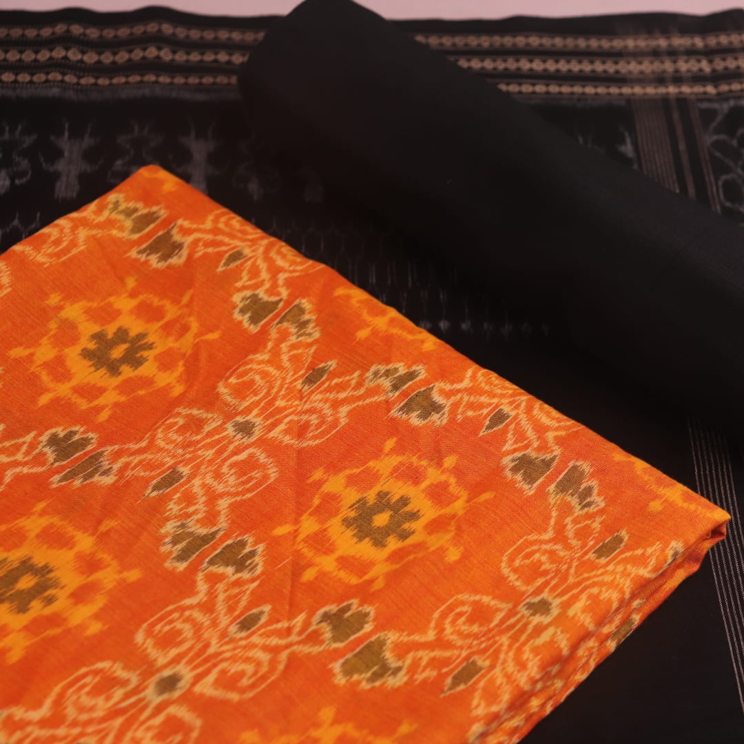 Blouse piece of yellow and black Sambalpuri cotton dress material with motifs.