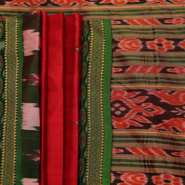 Red and green Khandua silk saree draped, showcasing the overall look and fall.