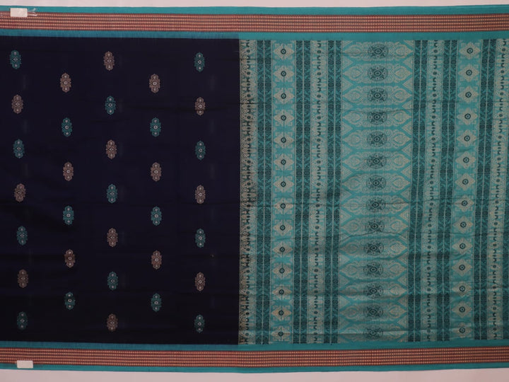 Full length view of a blue and green Bomkai Cotton Saree with Butta pattern.