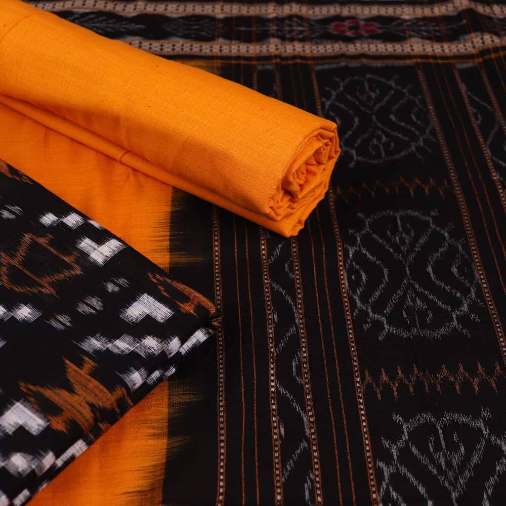 Black Sambalpuri Cotton Dress Material with Yellow Border C14-16-00216