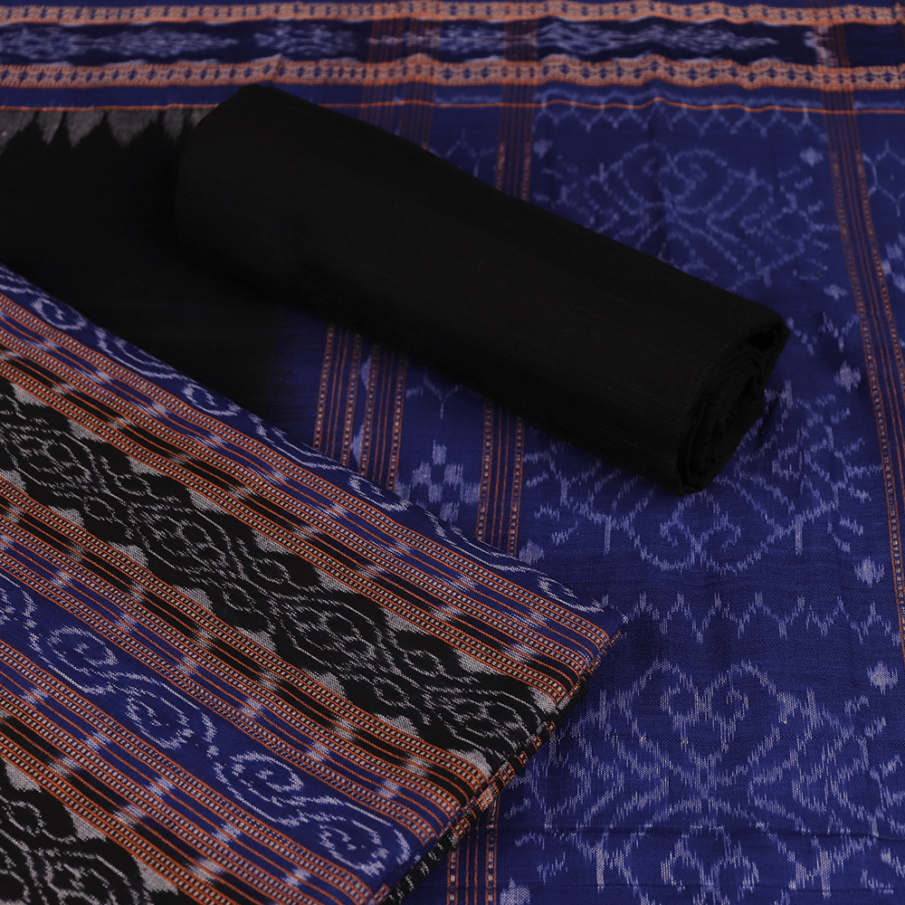 Blue - Sambalpuri Ikat Handloom Cotton 3pc Unstitched Dress Material Suit Set 09
