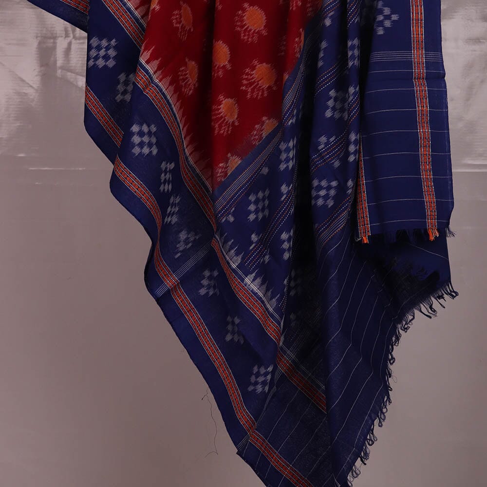 "A detailed image of the threadwork and design of a Sambalpuri Handloom Cotton Dupatta, showcasing the skillful craftsmanship of the local weavers."