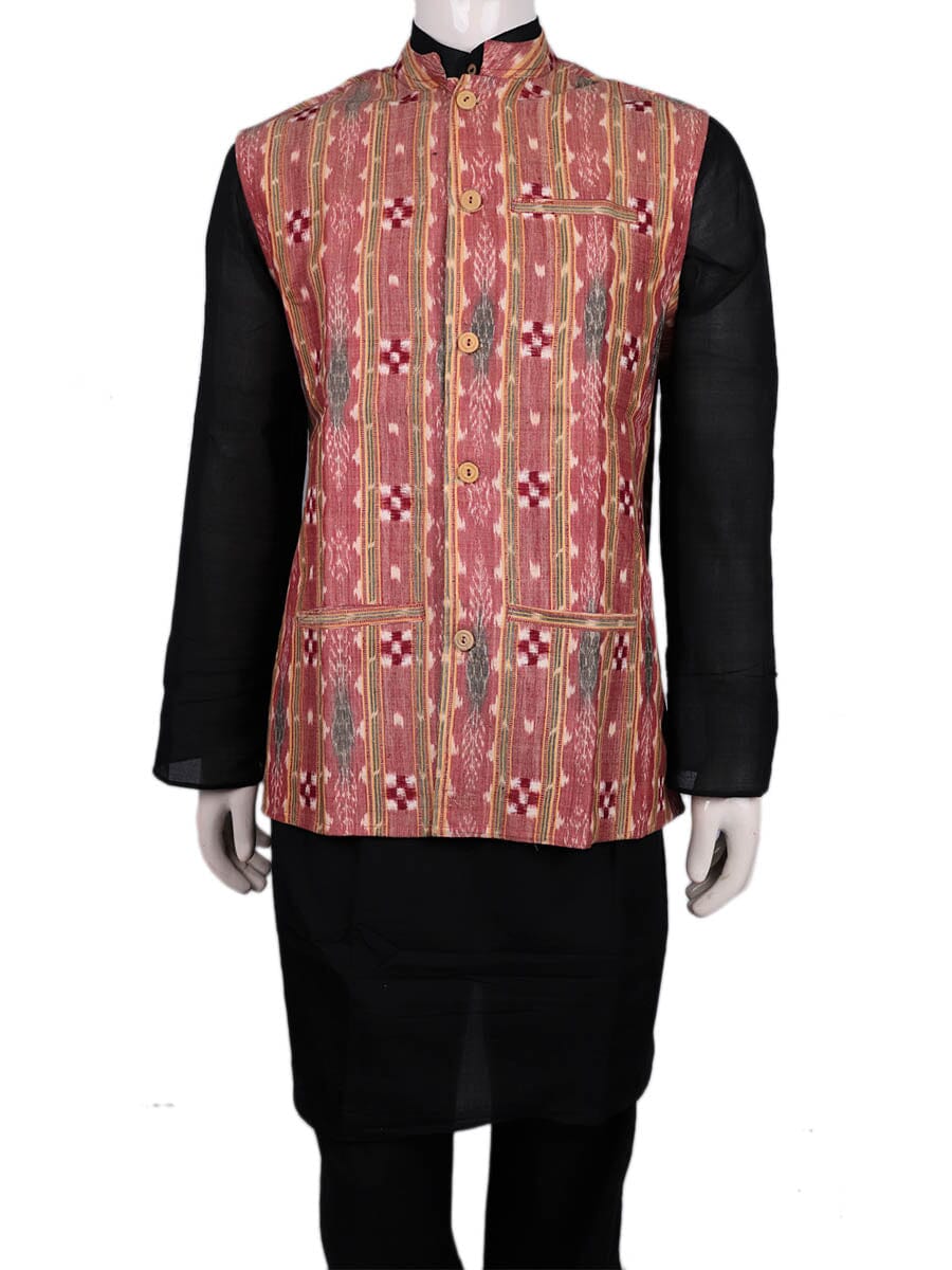 White - Silk Cotton Handwoven Pochampally Ikat Nehru Jacket 11