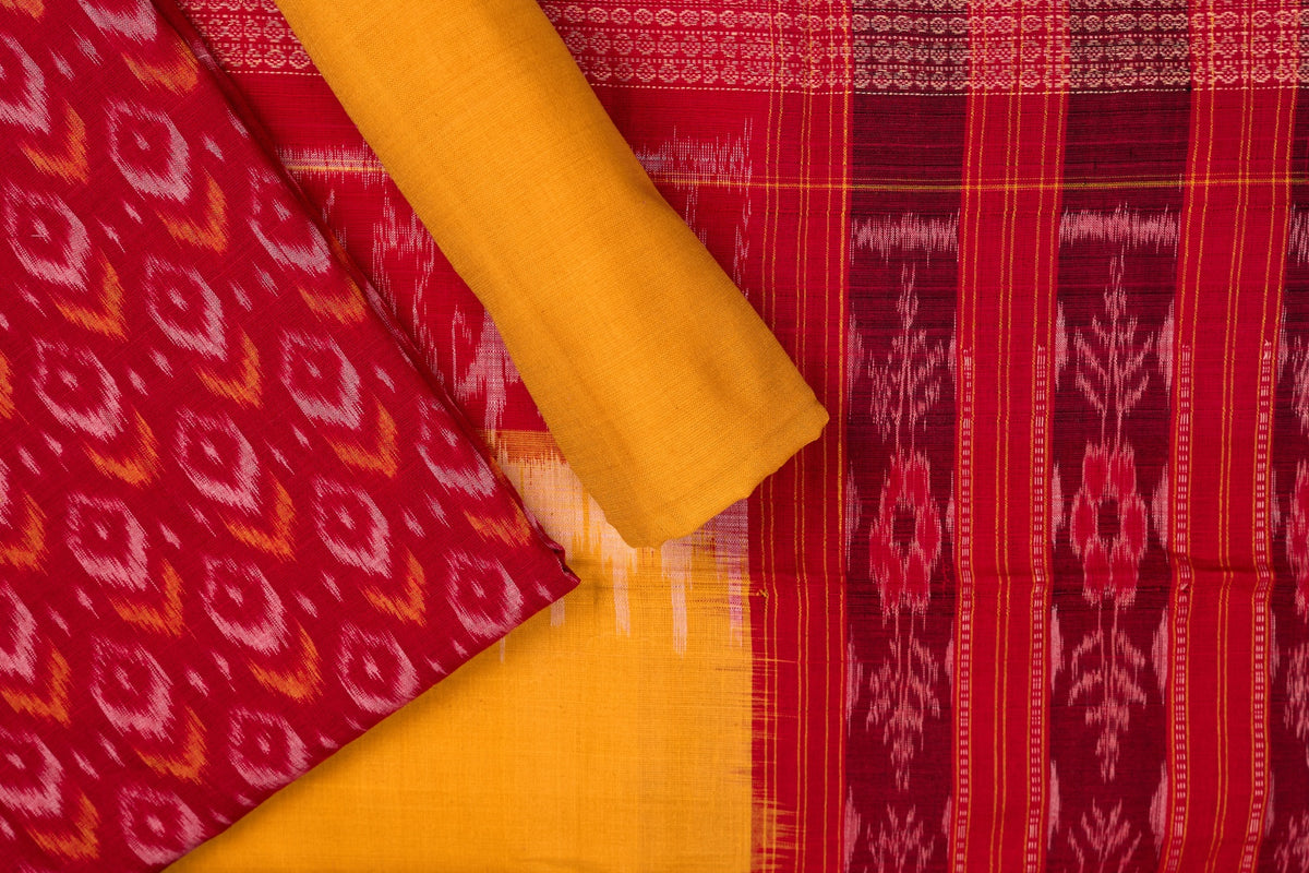 Red Sambalpuri Cotton 3-piece dress material (unstitched) — view 1 of 4