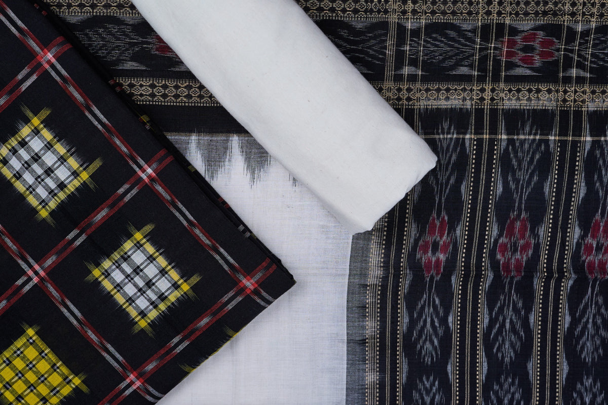 Black Sambalpuri Cotton 3-piece dress material (unstitched) — view 1 of 4