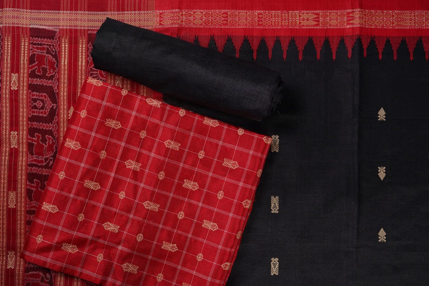 Red Sambalpuri Tussar Silk 3-piece dress material (unstitched) — view 1 of 4