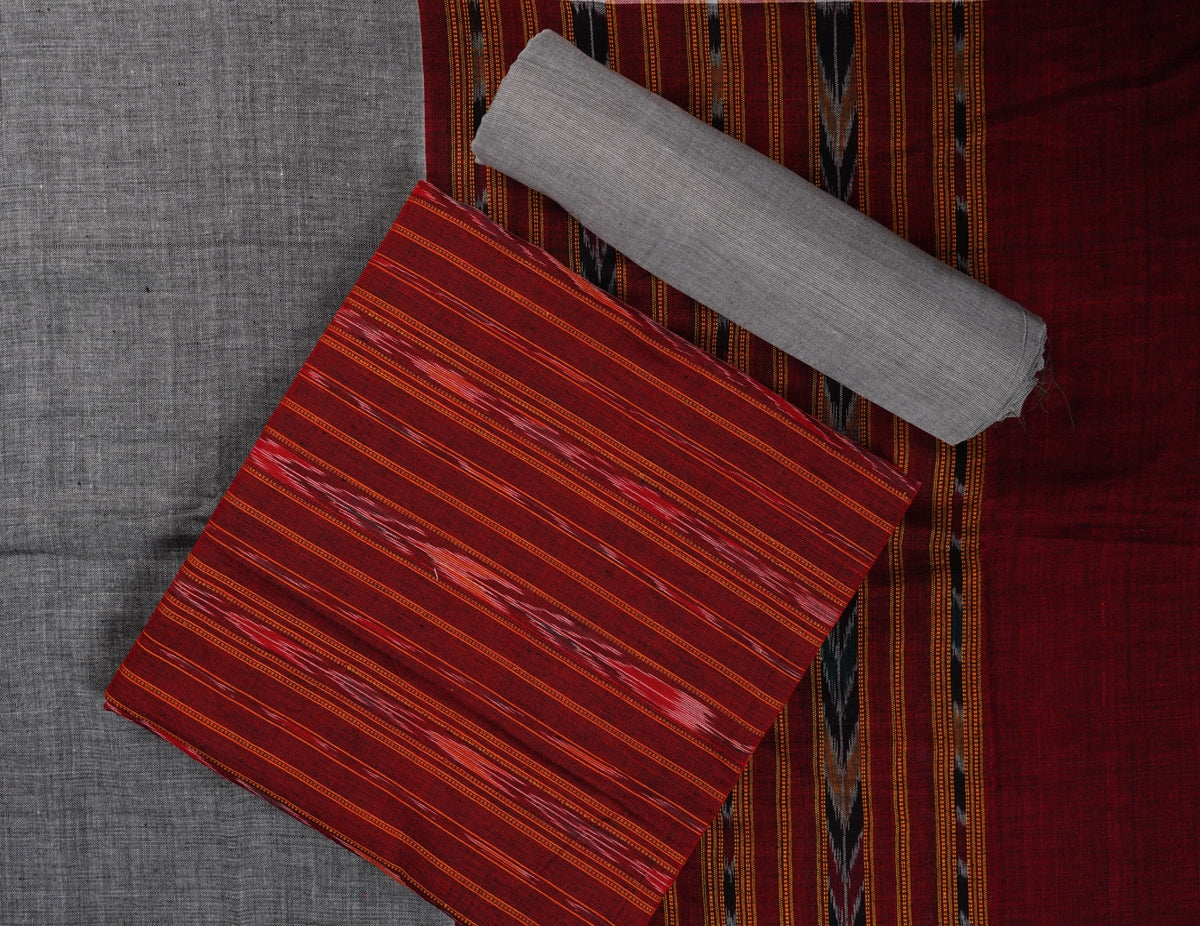 Maroon Sambalpuri Cotton 3-piece dress material (unstitched) — view 1 of 4