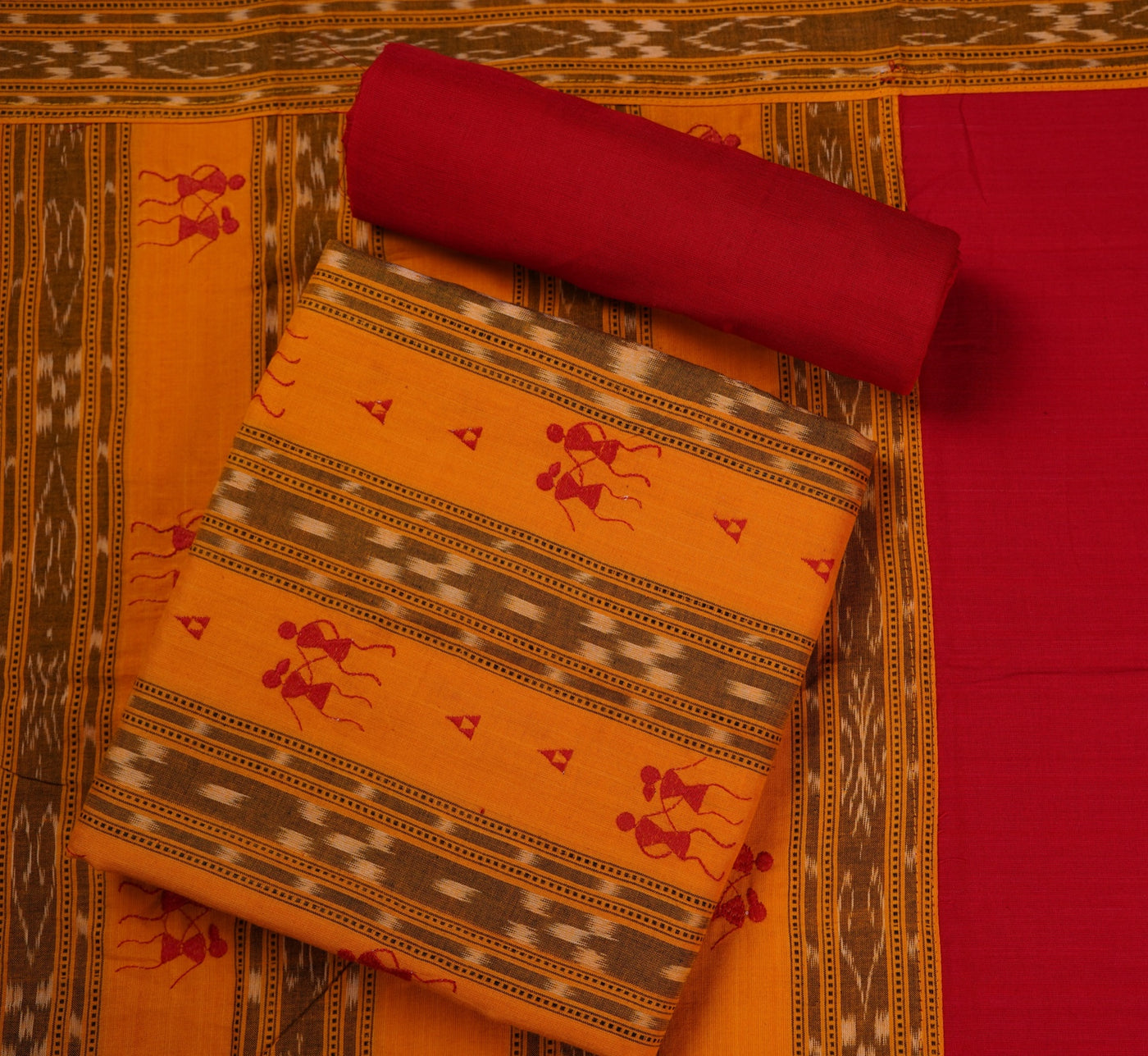 Yellow Sambalpuri Cotton 3-piece dress material (unstitched) — view 1 of 4