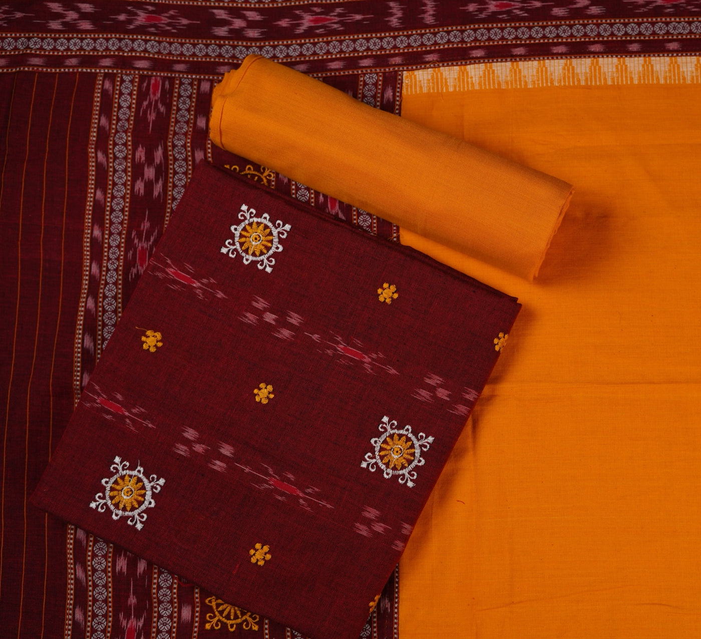 Maroon Sambalpuri Cotton 3-piece dress material (unstitched) — view 1 of 4