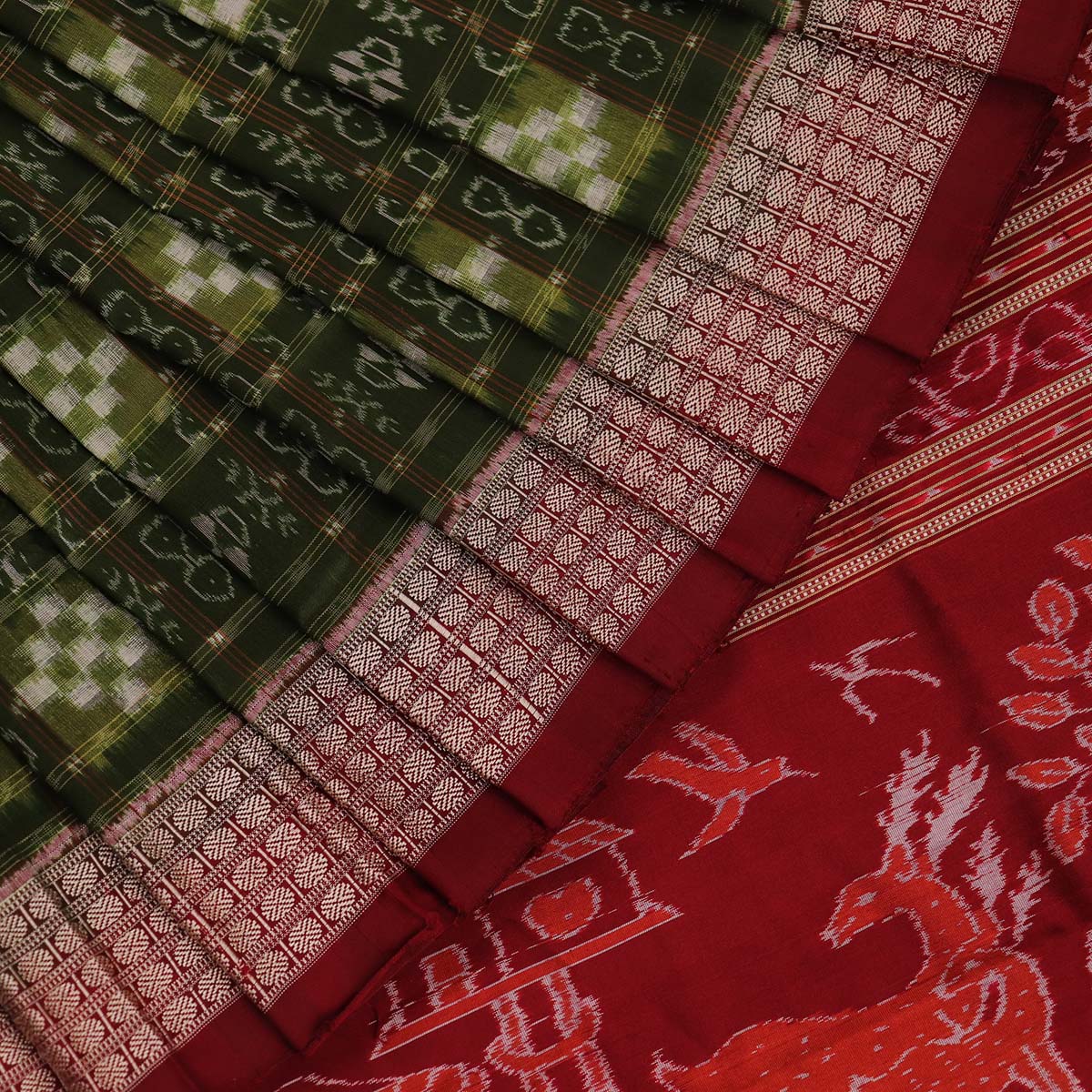 Handloom Green Sambalpuri Silk Saree with Maroon border
