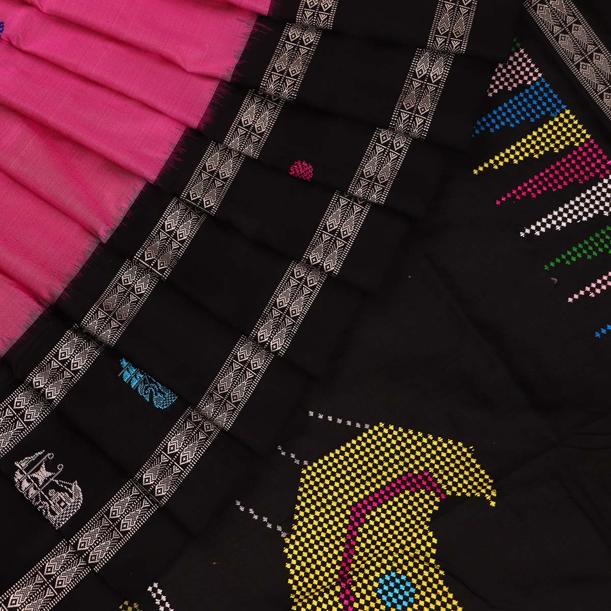 Handloom Pink Bomkai Silk Saree with Black border