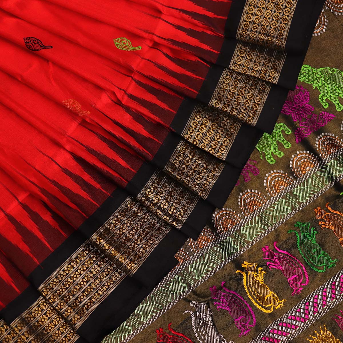 Handloom Red Bomkai Silk Saree with Black border