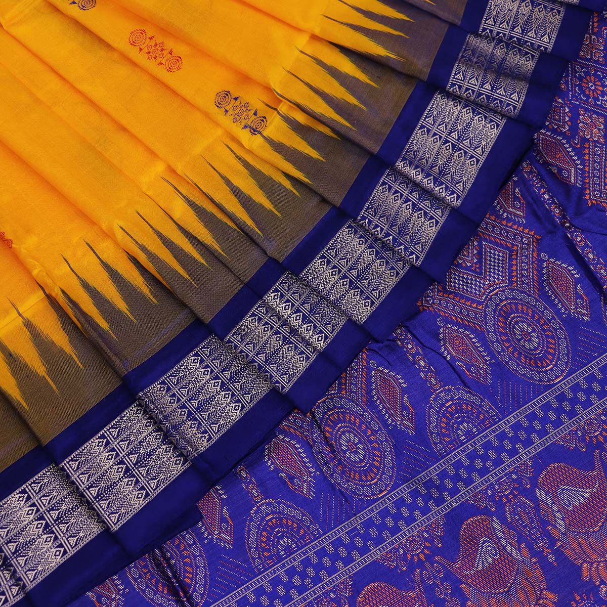 Handloom Yellow Bomkai Silk Saree with Blue border