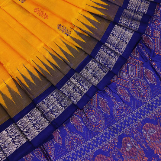 Handloom Yellow Bomkai Silk Saree with Blue border
