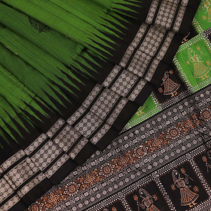 Handloom Green Bomkai Silk Saree with Black border