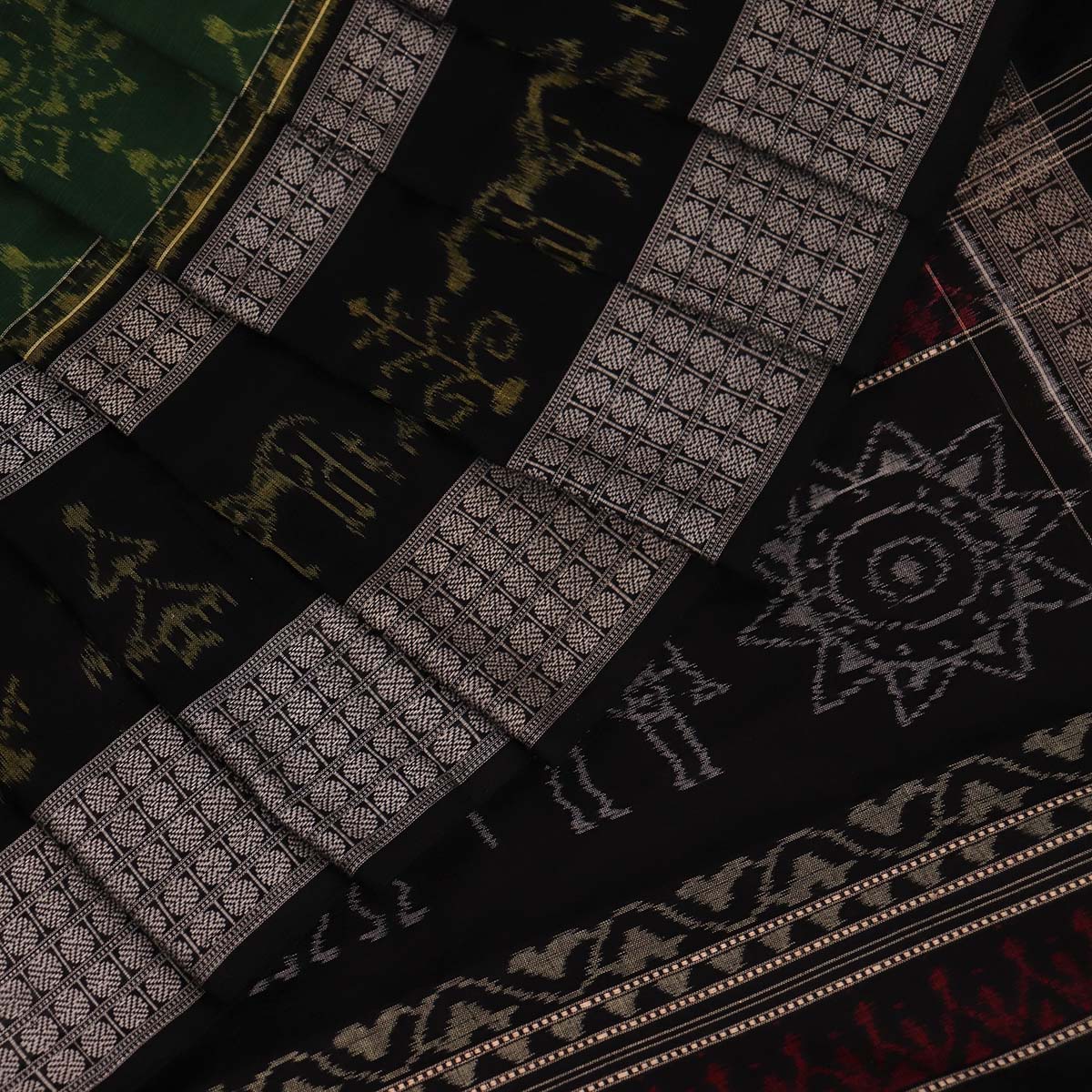 Handloom Green Sambalpuri Cotton Saree with Black border