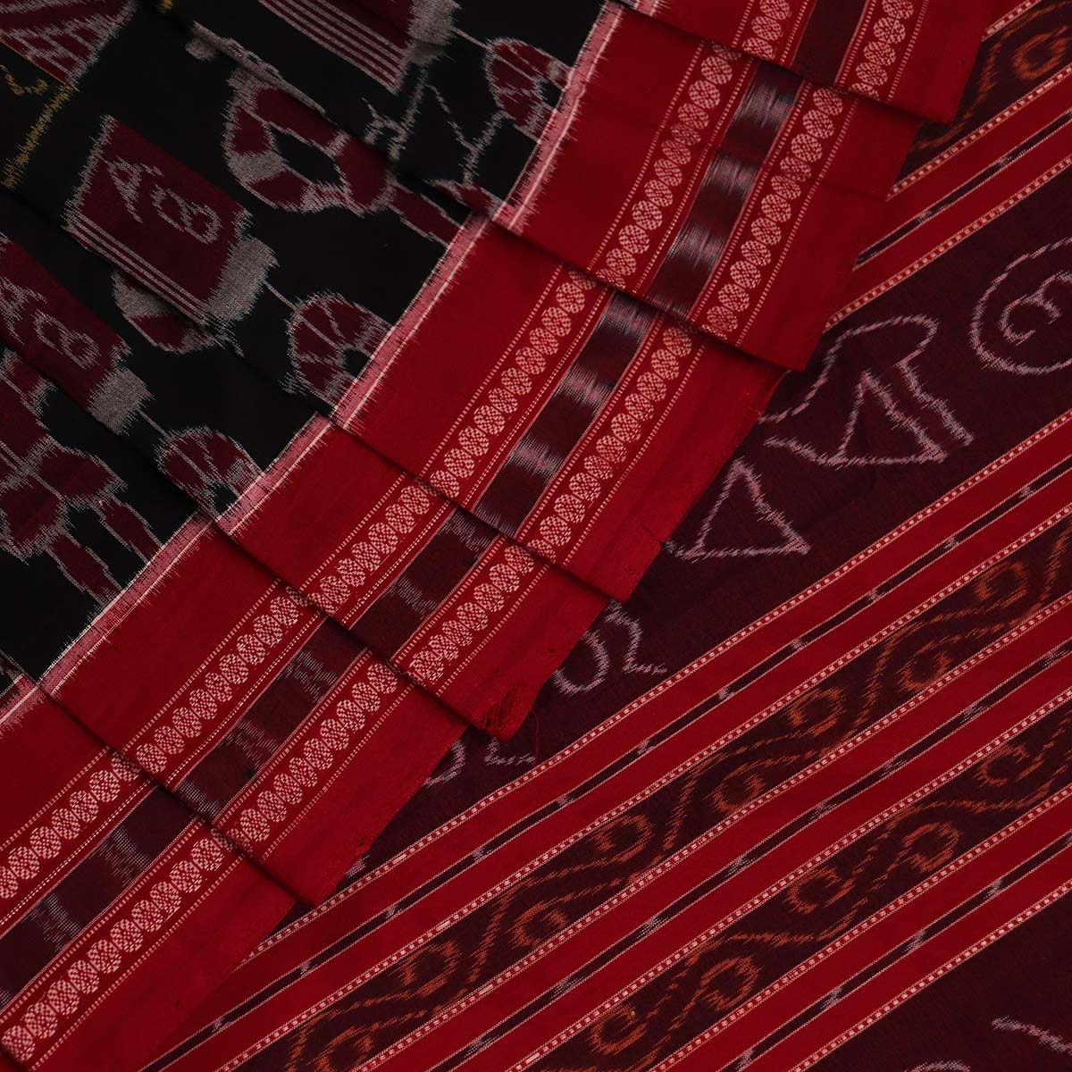 Handloom Black Sambalpuri Cotton Saree with Maroon border