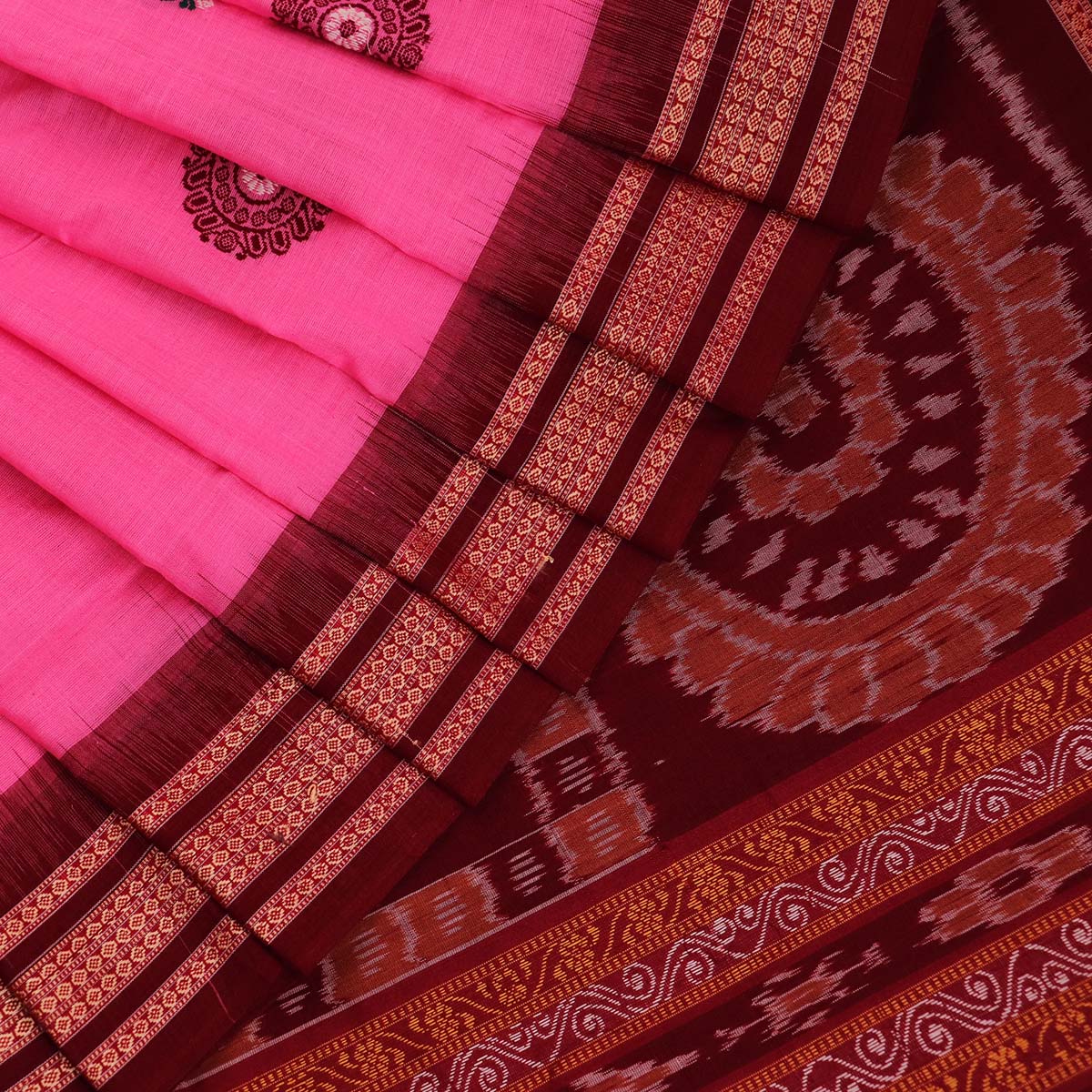 Handloom Pink Bomkai Cotton Saree with Maroon border