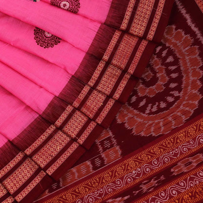 Handloom Pink Bomkai Cotton Saree with Maroon border
