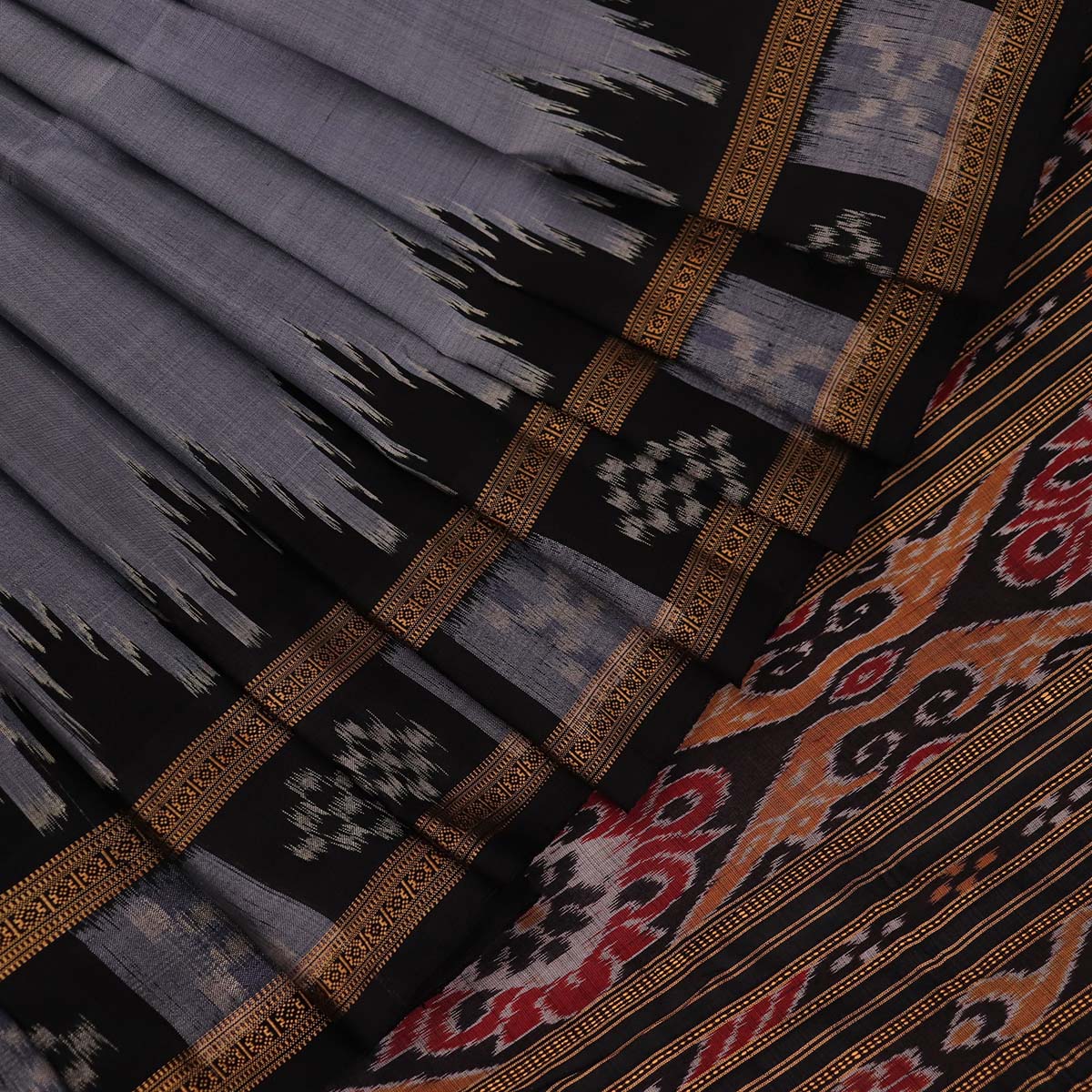 Handloom Grey Khandua Silk Saree with Black border