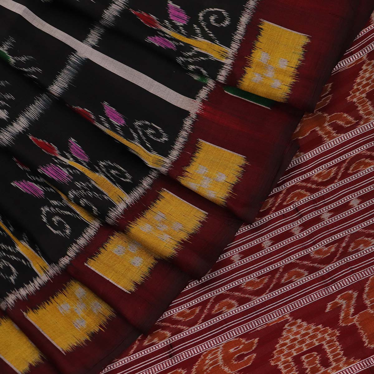 Handloom Black Khandua Silk Saree with Maroon border