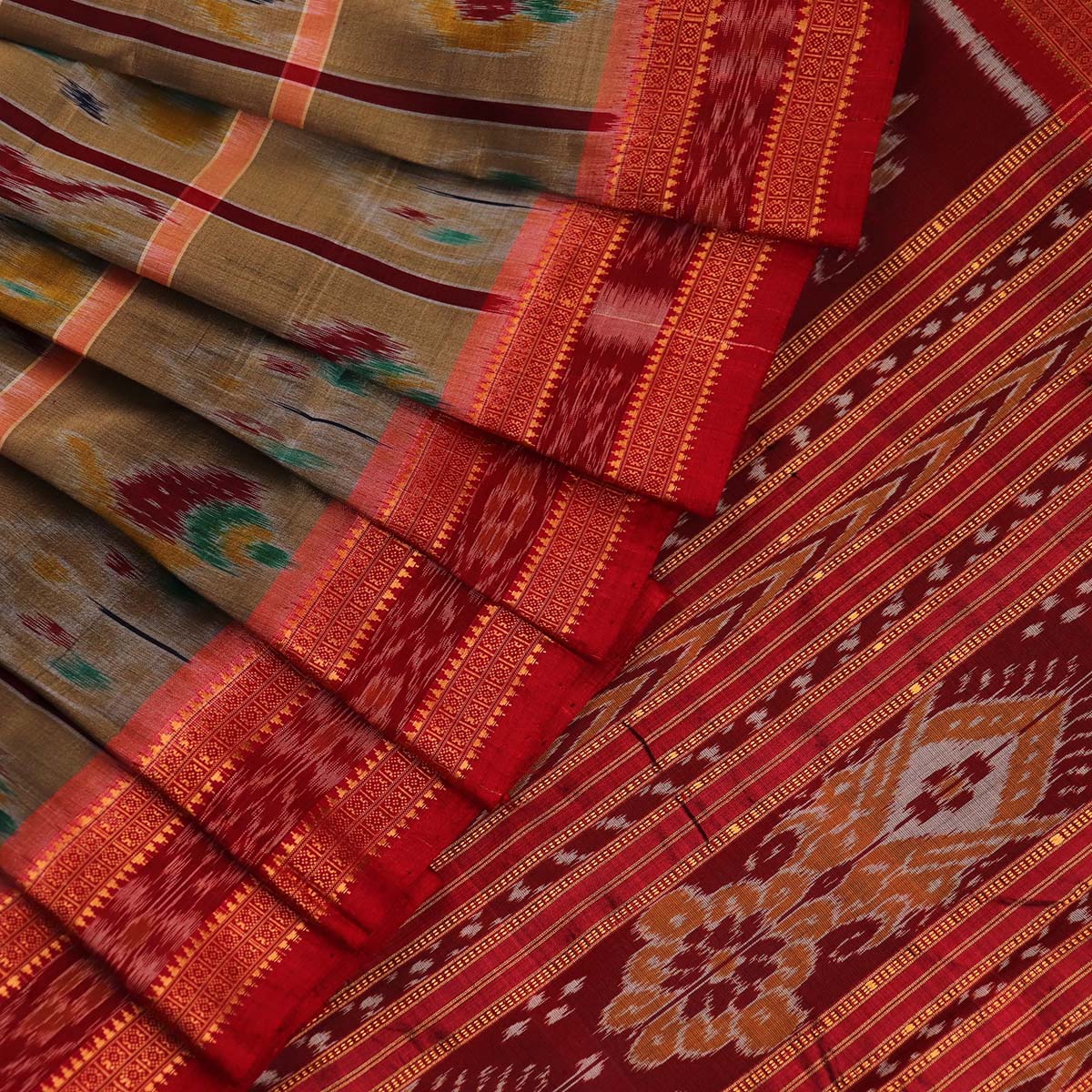 Handloom Grey Khandua Silk Saree with Maroon border