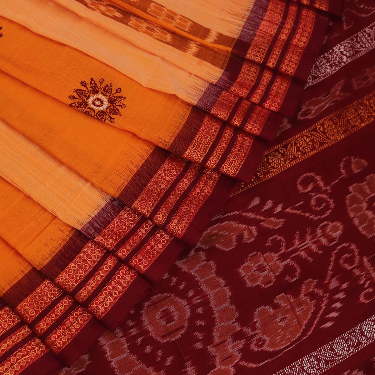 Handloom Yellow Bomkai Cotton Saree with Maroon border