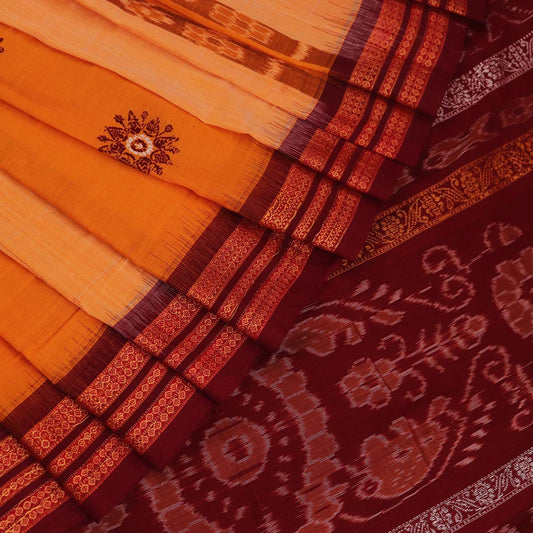 Handloom Yellow Bomkai Cotton Saree with Maroon border