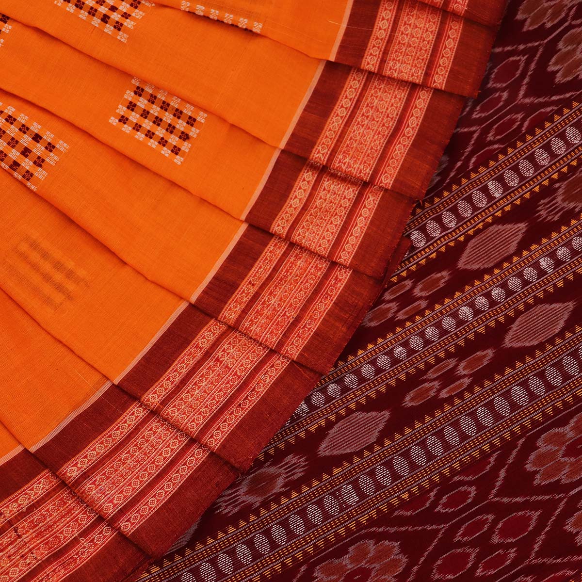 Handloom Yellow Bomkai Cotton Saree with Maroon border