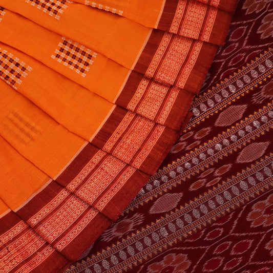 Handloom Yellow Bomkai Cotton Saree with Maroon border