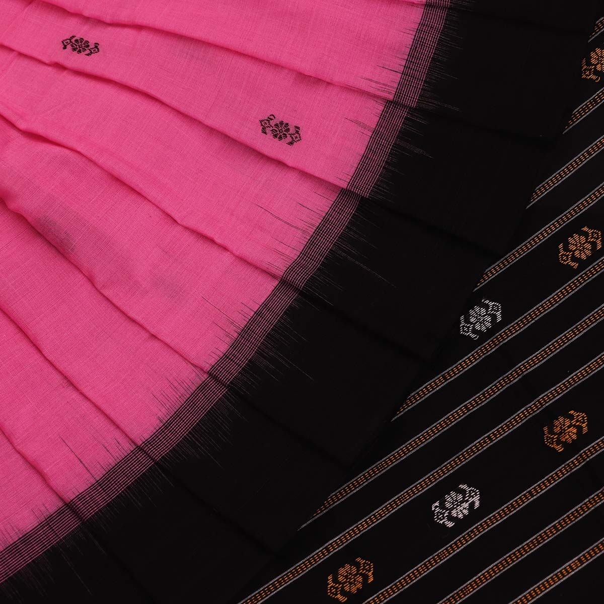 Handloom Pink Bomkai Cotton Saree with Black border