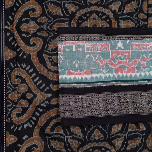 Detailed view of the handwoven motifs on the Green Sambalpuri cotton saree.