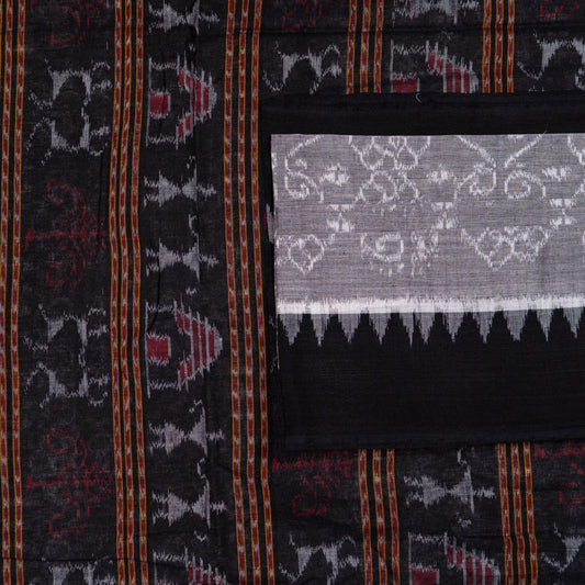 Detailed view of the handwoven motifs on the Grey Sambalpuri cotton saree.