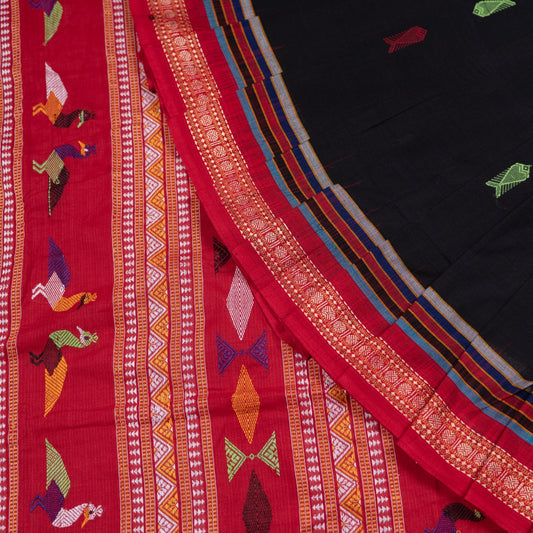 Folded presentation of the Black and Red Bomkai cotton saree.