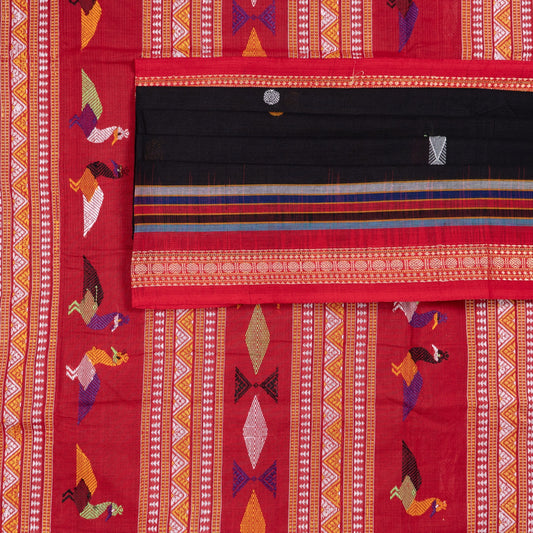 Detailed view of the handwoven butta on the Black Bomkai cotton saree.