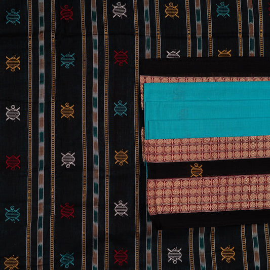 Detailed view of the handwoven butta on the Green Bomkai cotton saree.