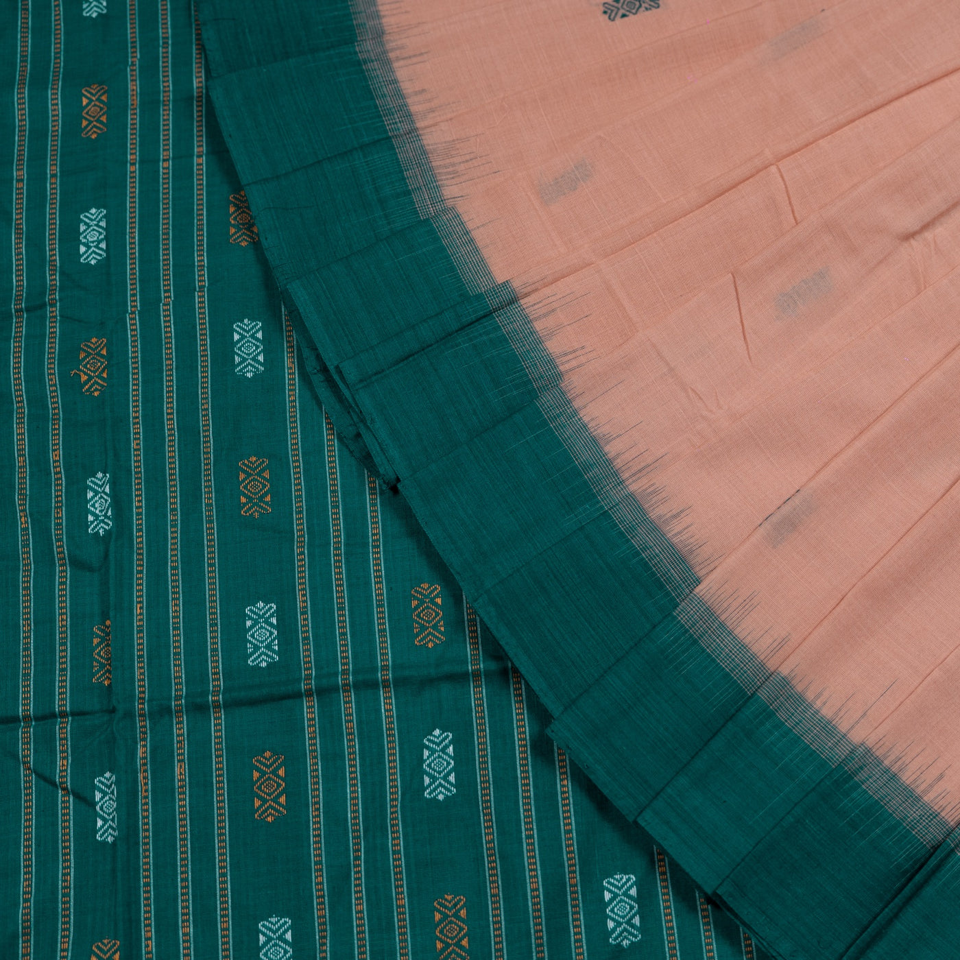 Folded presentation of the Cream and Green Bomkai cotton saree.