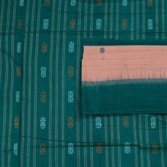 Detailed view of the handwoven butta on the Cream Bomkai cotton saree.