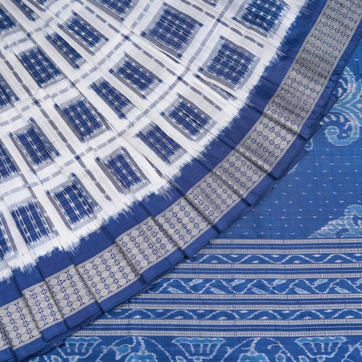 White Sambalpuri Silk Saree with Blue Border P75-02-06172